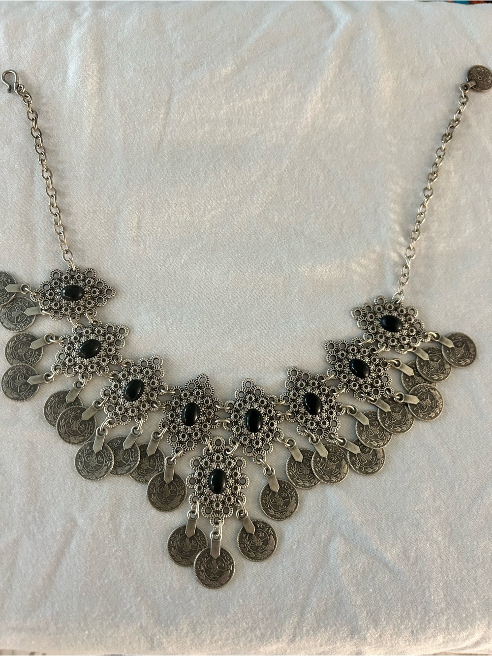 Bohemian Black Stone Silver-Tone Coin Fringe Necklace
